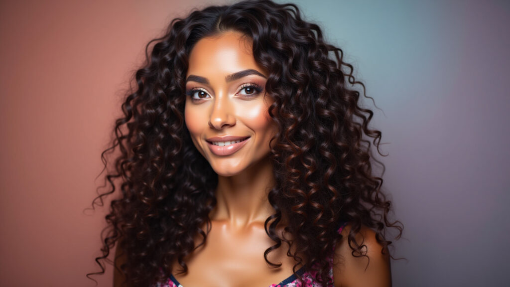 Cabelo cacheado com corte em camadas longas em V e leave-in.