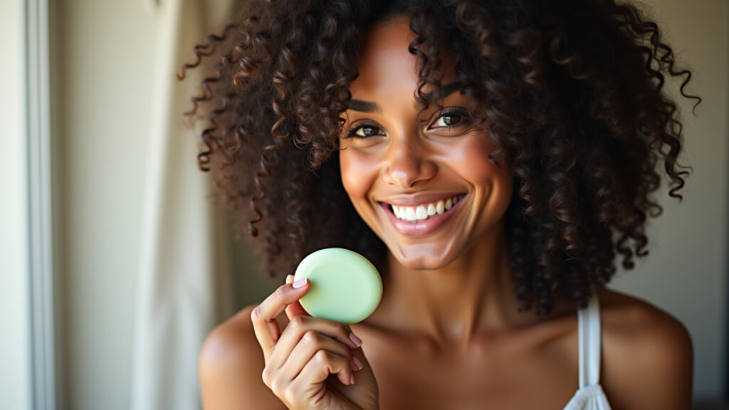 Curly-haired woman smiling, holding solid shampoo bar, defined curls, natural light, Brazilian Mulher cacheada usando shampoo sólido.