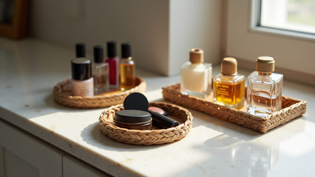 Bandejas decorativas organizando perfumes e maquiagens.
