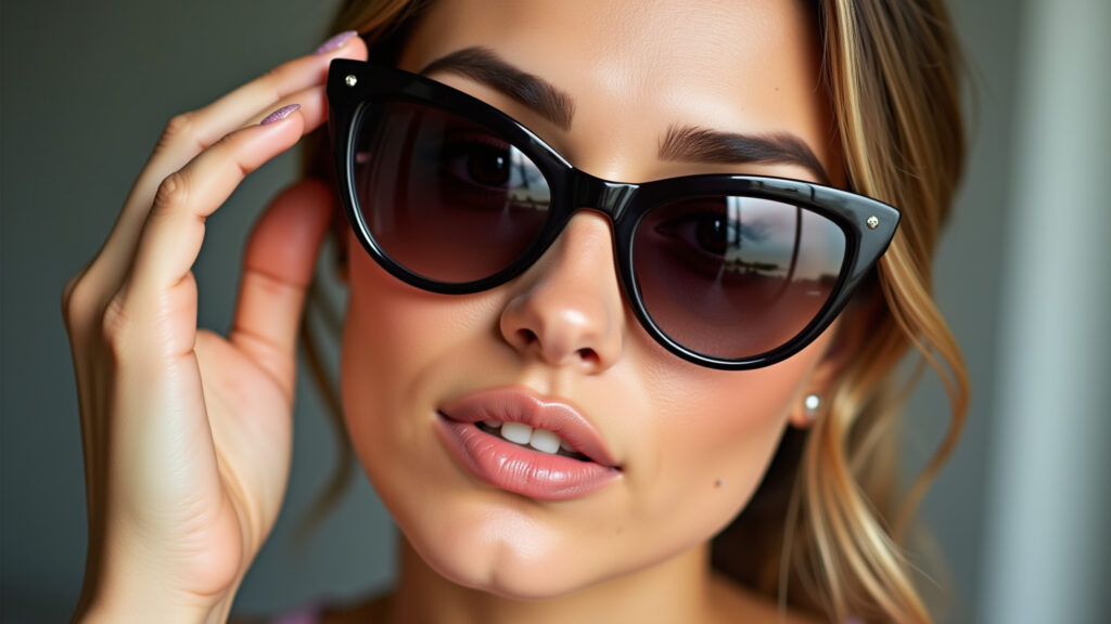 Mulher de rosto diamante com óculos de sol gatinho.