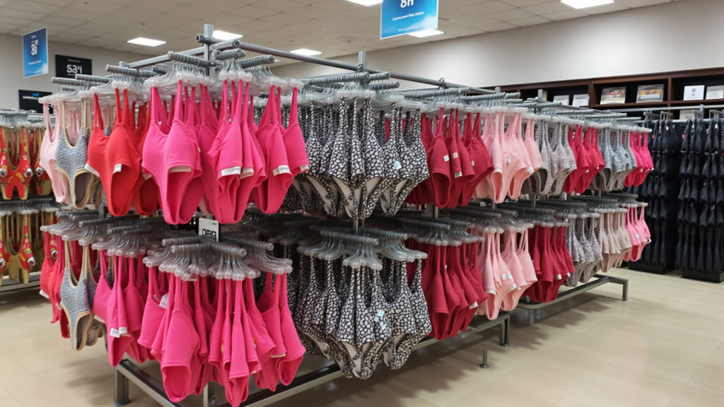 Variedade de biquínis e maiôs em loja acessível.