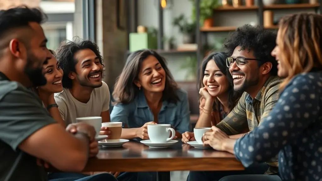Amigos brasileiros rindo e conversando em café, simbolizando a importância do apoio social.