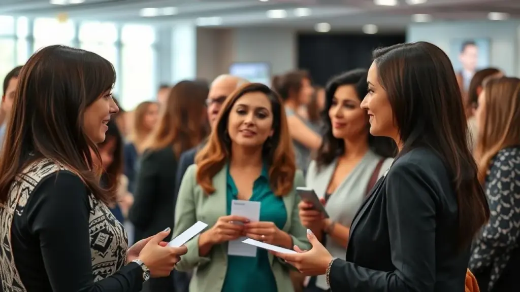Mulheres brasileiras diversas em evento de networking. Ampliando rede de contatos.