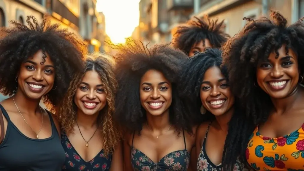 Mulheres brasileiras diversas celebrando a beleza do cabelo natural.