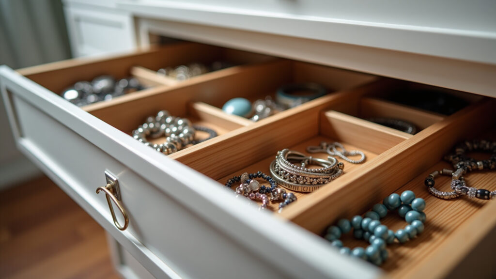 Gavetas organizadas com divisórias para bijuterias.