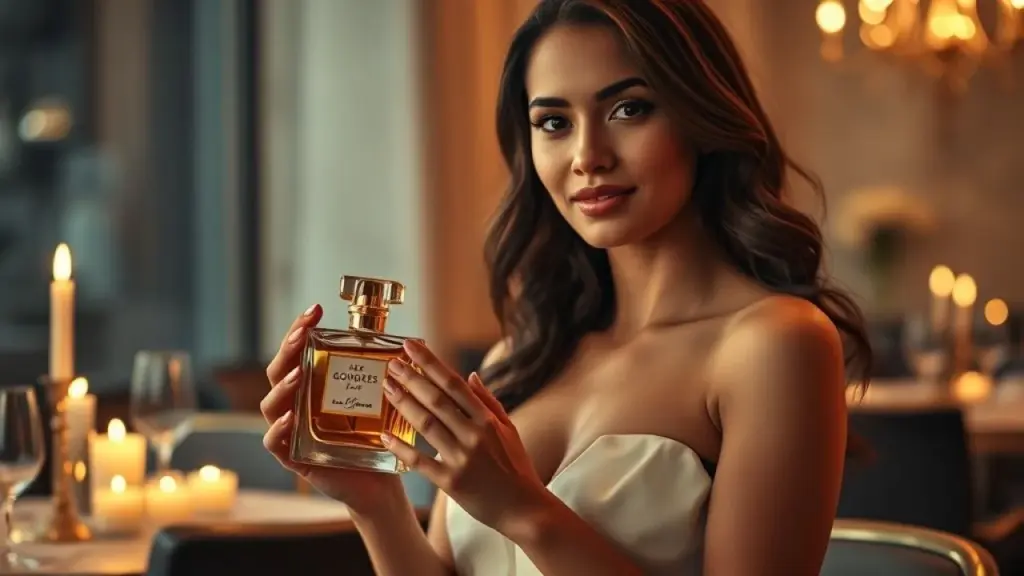 Mulher elegante segurando perfume Bronze Goddess