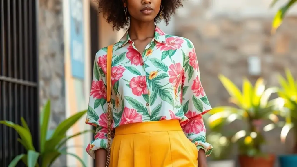 Fashion blogger in Brazil wearing a floral print shirt with pink, green, and yellow tones, styled Blogueira de moda brasileira com camisa floral e saia combinando cores.