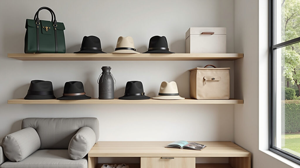 Prateleiras flutuantes organizando bolsas e chapéus.