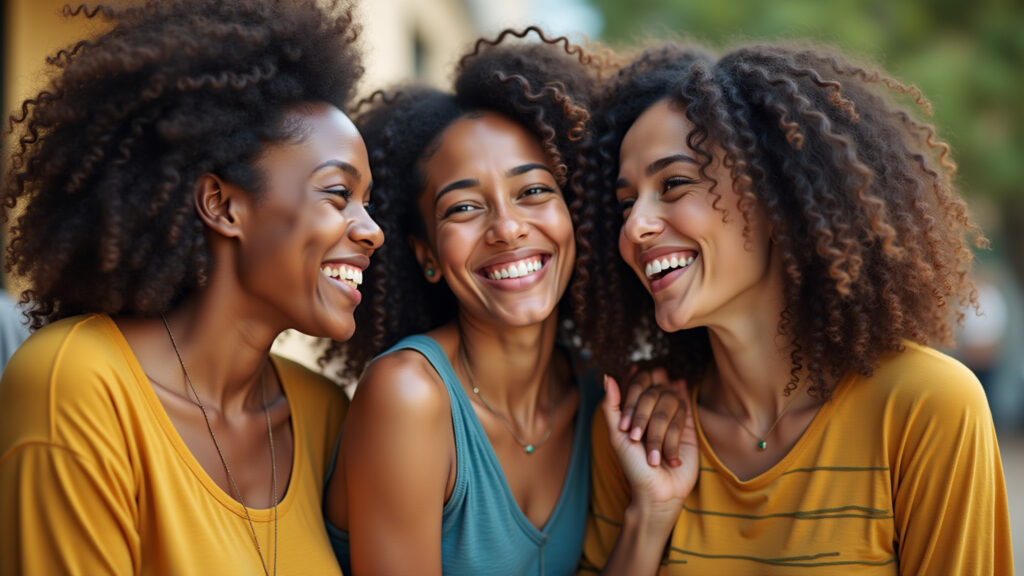 Amigas compartilhando segredos e rindo juntas, conexão intensa.
