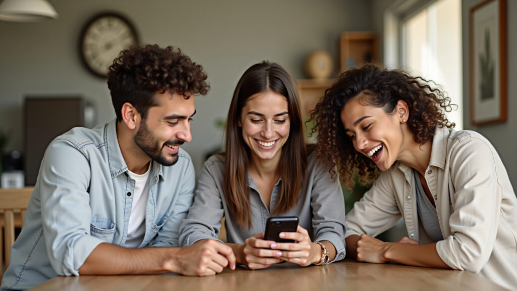 Amigas se conectando nas redes sociais, compartilhando posts e momentos.