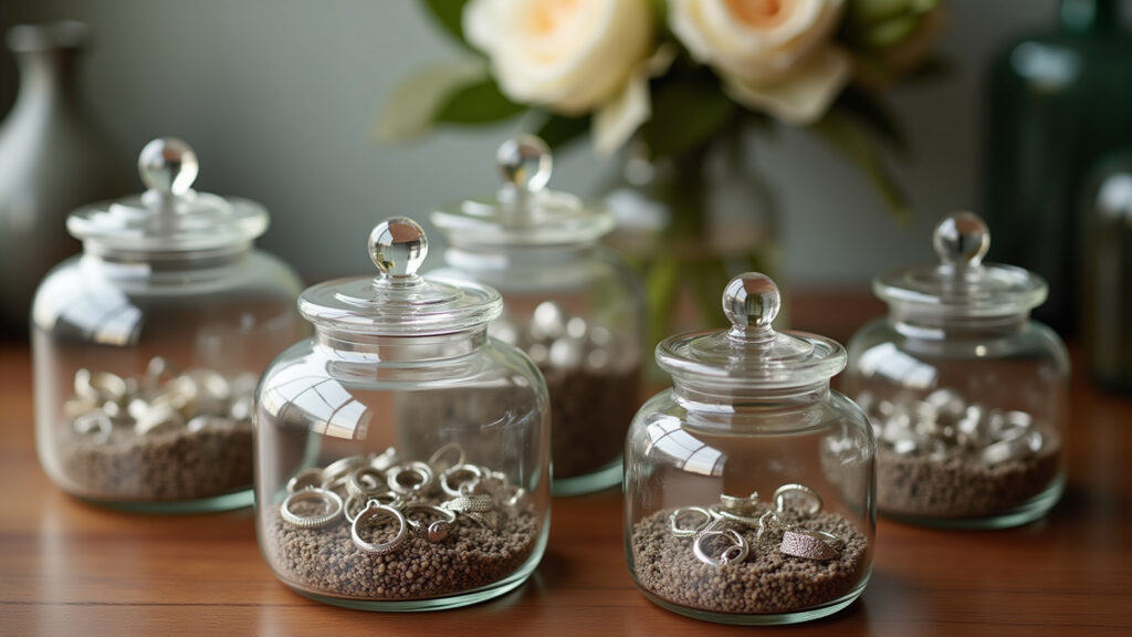 Potes de vidro organizando anéis e brincos.