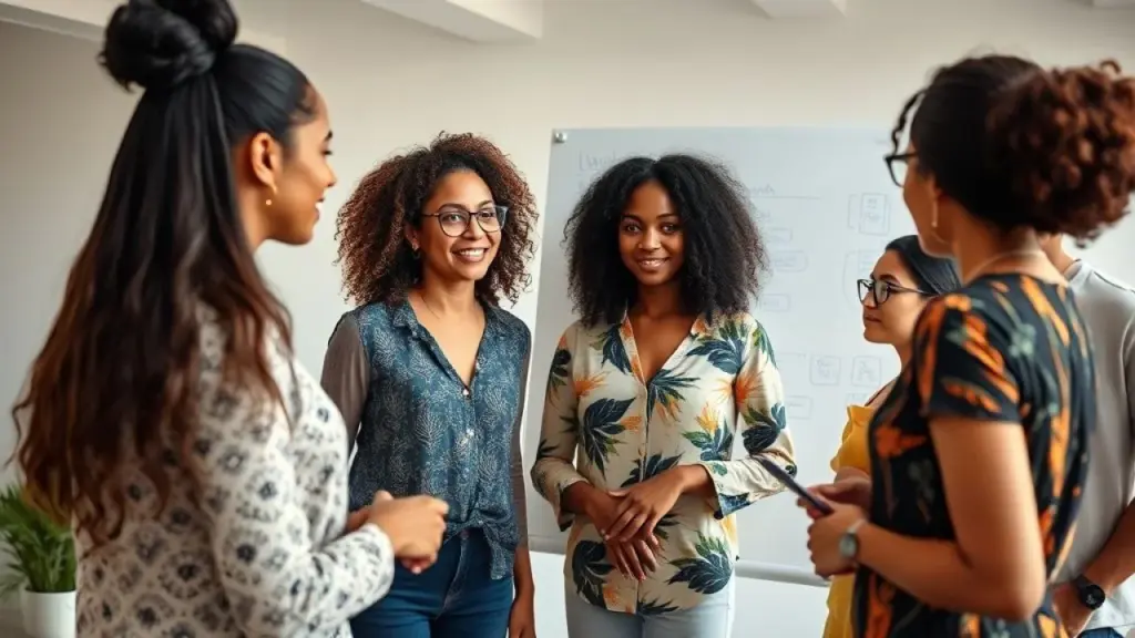 Mulheres brasileiras diversas colaborando em escritório moderno, brainstorming. Empoderamento feminino.