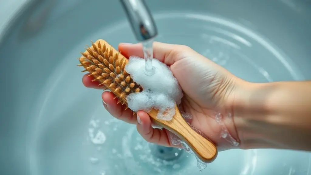 Mão limpando escova de bambu com água e sabão. Fácil limpeza.