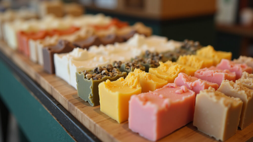 Handmade solid shampoo bars on display at a local market, diverse ingredients, natural colors, warm Shampoo sólido artesanal.