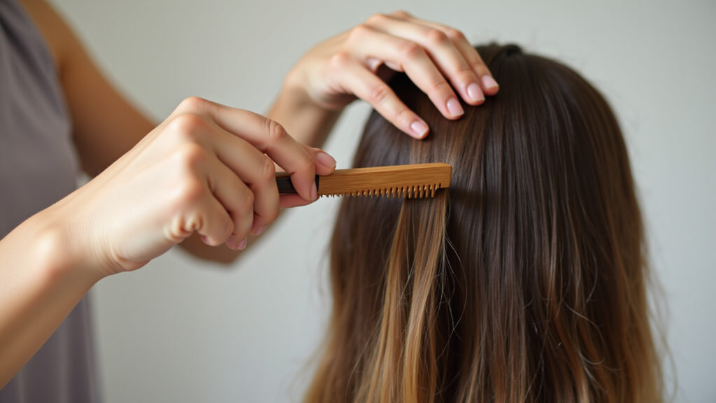 Hands applying leave-in evenly through hair with a wide-tooth comb, natural light, focus on Aplicação correta do leave-in com pente de dentes largos.