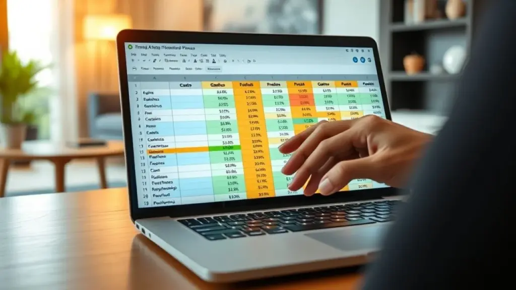 Planilha de controle financeiro em laptop. Diagnóstico financeiro.