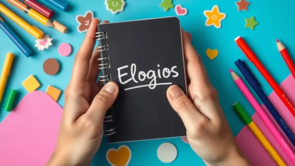 Mãos segurando caderno de elogios com canetas coloridas.