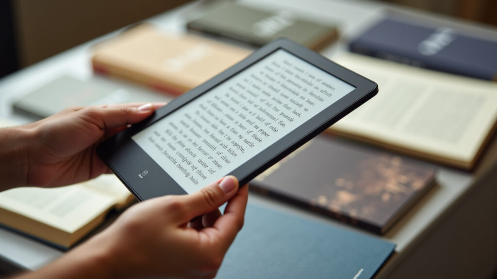 Hands holding an e-reader, different book formats around, natural light, commercial photography, 8K Formatos de livros: físico, e-book, audiolivro.