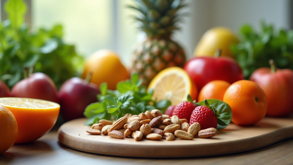 Healthy meal with fresh fruits, vegetables, and nuts. Focus on the nutritious food and its impact Alimentação saudável para melhorar a concentração e o foco.