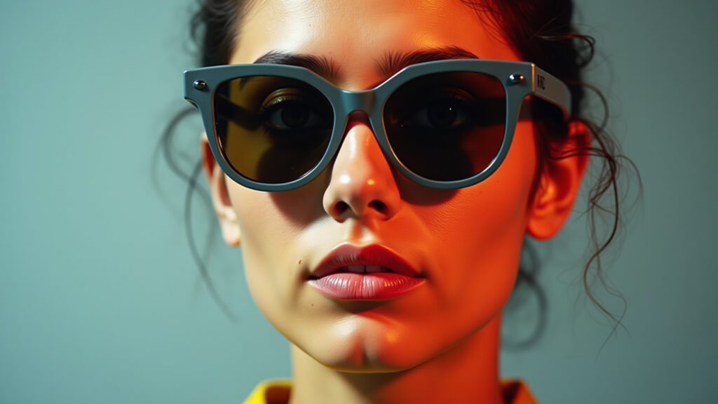 Pessoa de rosto hexagonal com óculos de sol geométricos.