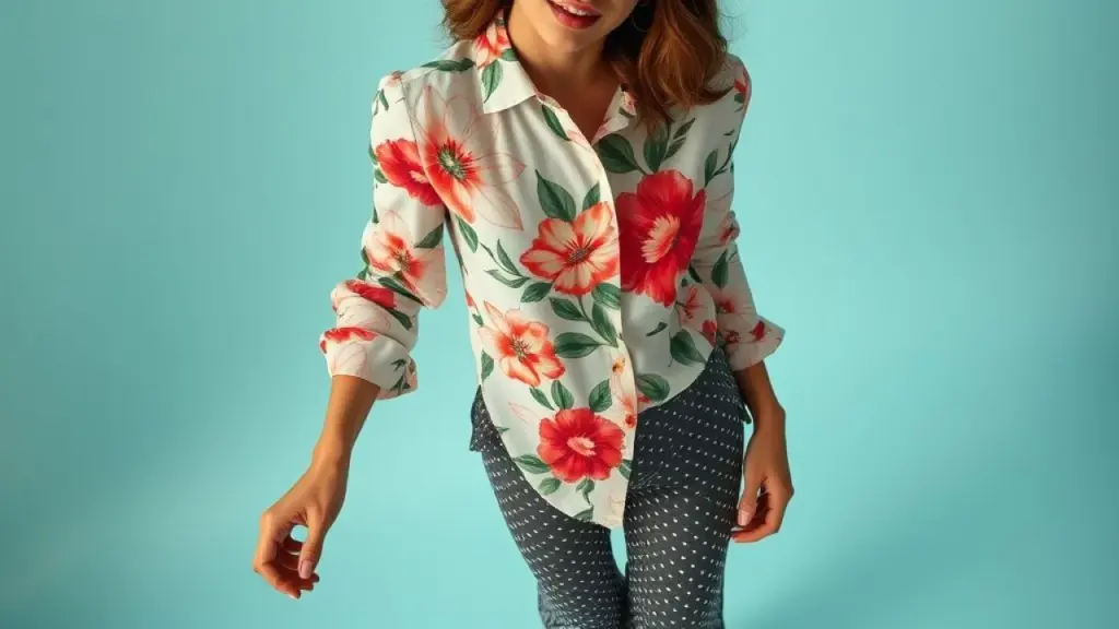 High-angle view of a woman's outfit featuring a large floral print blouse paired with micro polka Blusa de flores grandes com calça de micro poás. Mix de estampas.