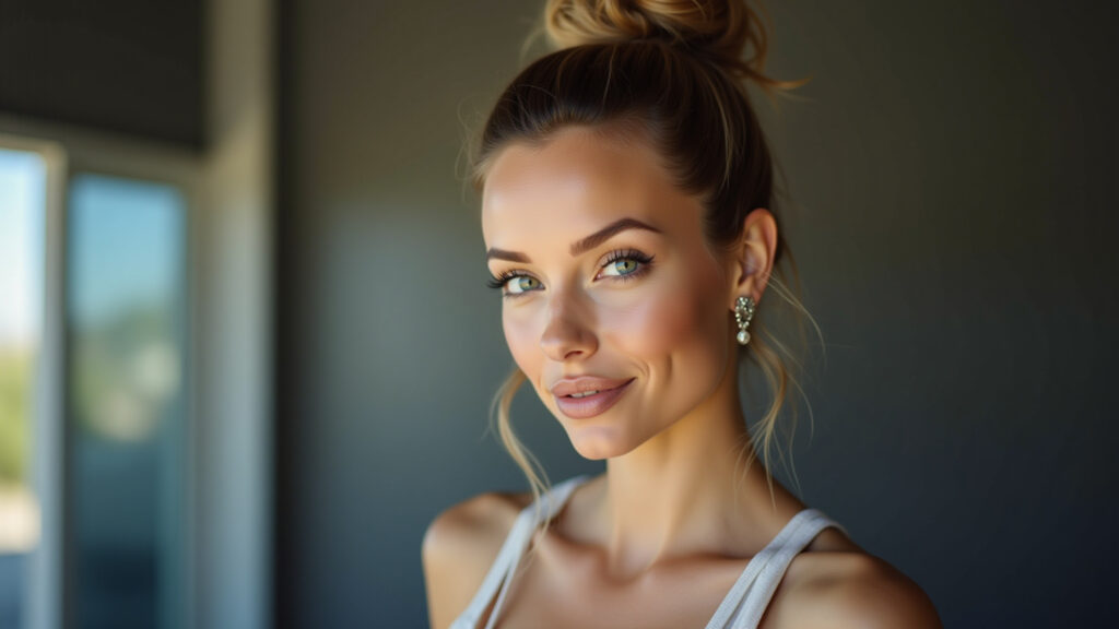 Coque alto sofisticado para rosto pera, criando um visual elegante.