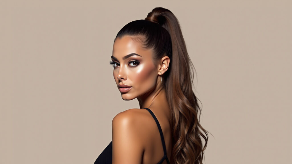 Rabo de cavalo alto elegante para rosto pera, alongando o visual.