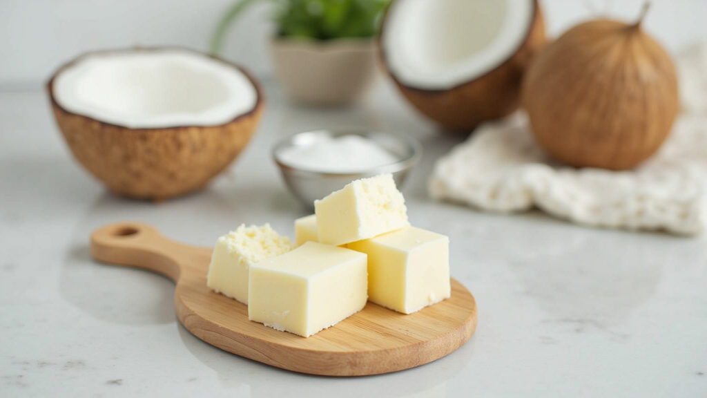 Homemade solid conditioner ingredients (shea butter, coconut oil) on a kitchen counter, natural Condicionador sólido caseiro.