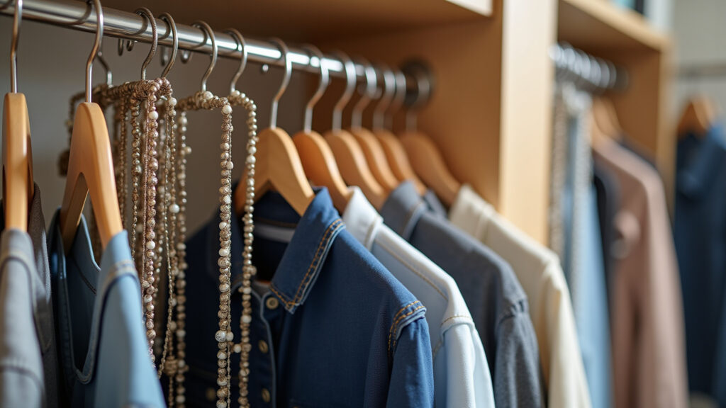 Colares pendurados em ganchos e cabides, sem nós.