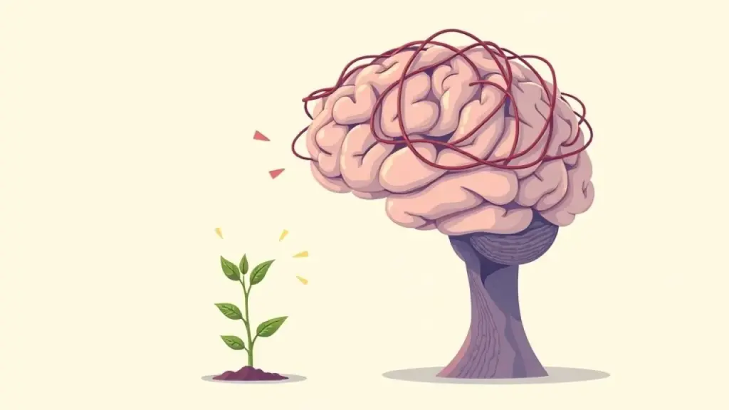 Ilustração de cérebro com pensamentos negativos afetando autoestima.