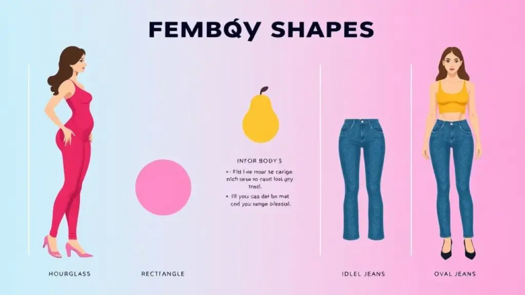 Infographic illustrating different female body shapes (hourglass, rectangle, pear, inverted Infográfico tipos de corpo feminino e jeans ideais: ampulheta, retângulo, pera, triângulo, oval.