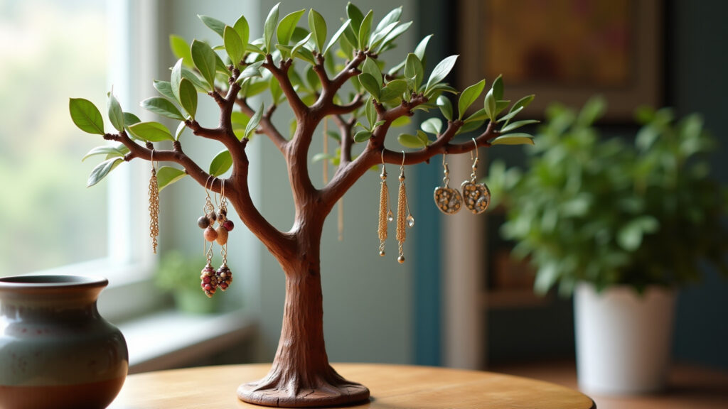 Árvore de bijuterias exibindo colares e brincos.