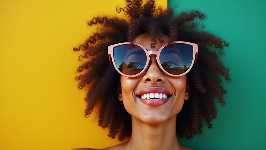 Mulher de rosto grande com óculos de sol oversized e coloridos.