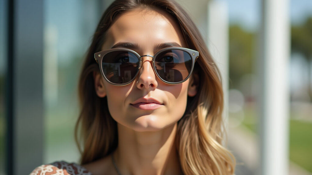 Mulher de rosto retangular com óculos de sol grandes e redondos.