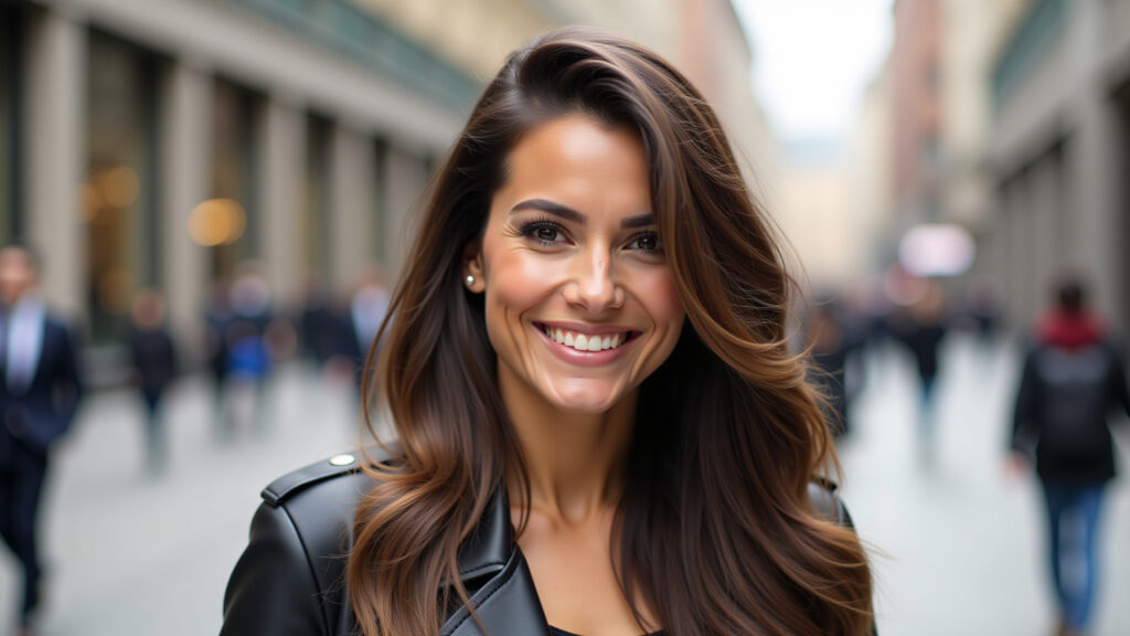 Corte em camadas longas com franja lateral em mulher sorrindo.