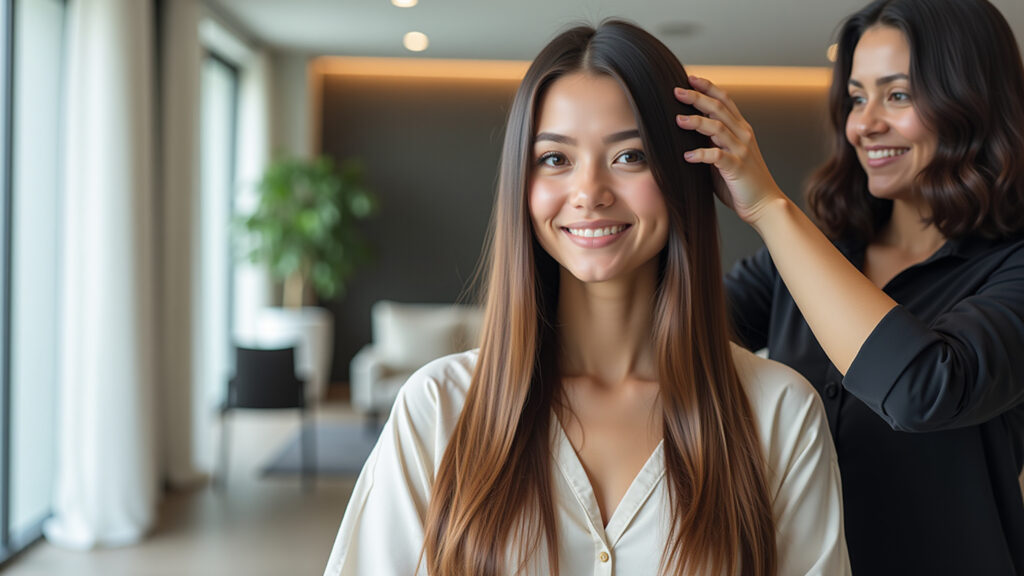 Cabelo liso com corte em camadas longas recebendo spray de volume.