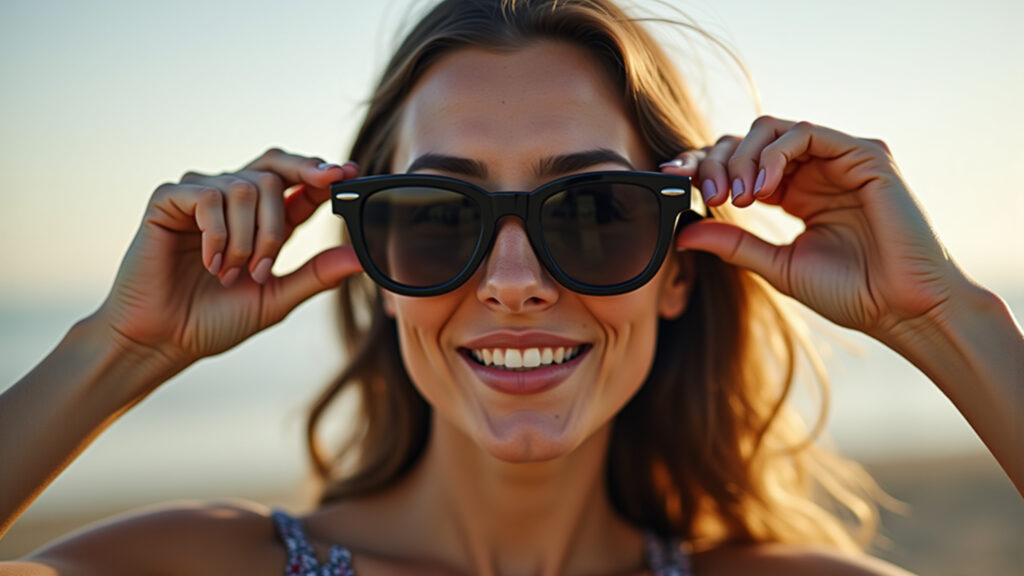 Mulher de rosto longo e fino com óculos de sol oversized.