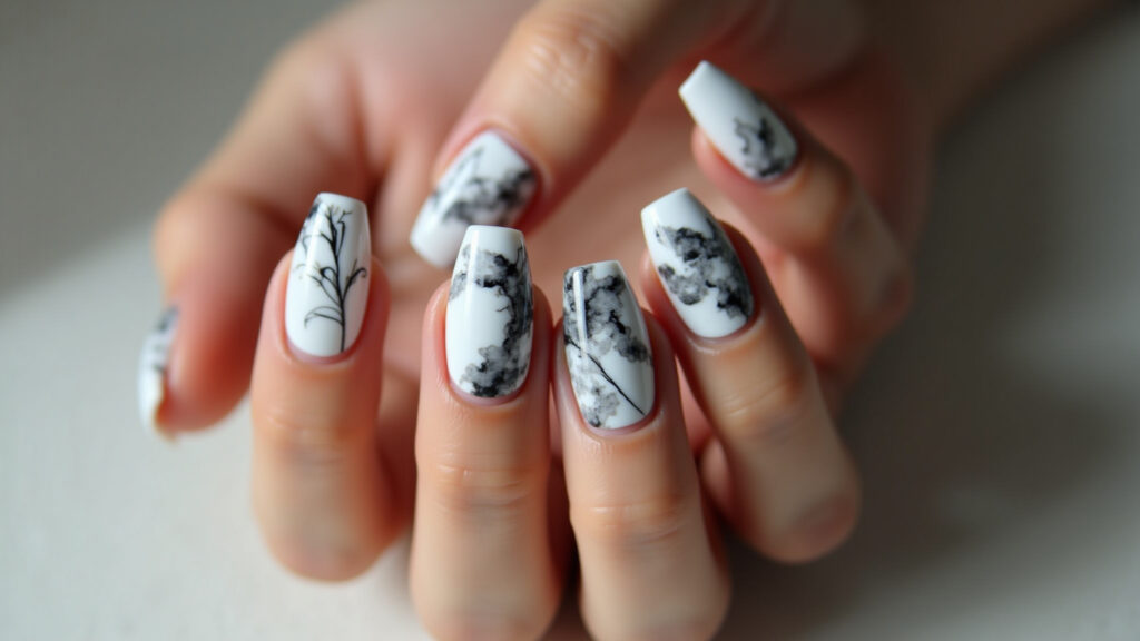 Unhas abstratas com efeito mármore elegante.