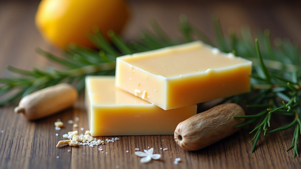 Natural solid conditioner bar with herbal ingredients, rustic wooden background, soft lighting, Condicionador sólido natural.