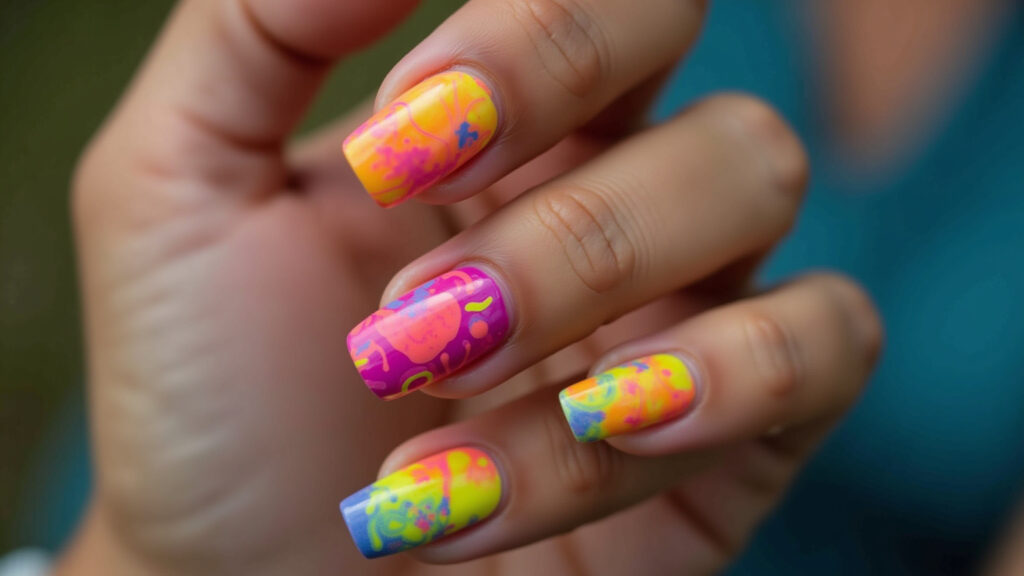 Unhas abstratas neon vibrantes com formas geométricas.