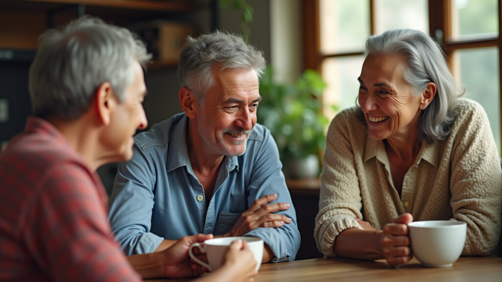 Amigas antigas se reencontrando para um café e relembrando bons momentos.