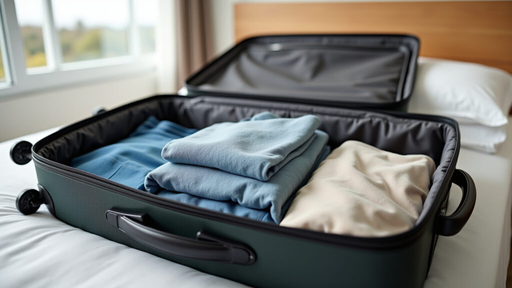 Mala de viagem organizada com roupas enroladas e acessórios.