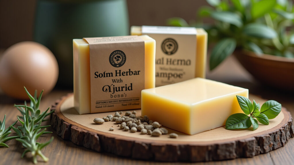 Organic solid shampoo bar with natural herbs, rustic packaging, farm setting, natural lighting, 8K Shampoo sólido natural e orgânico.