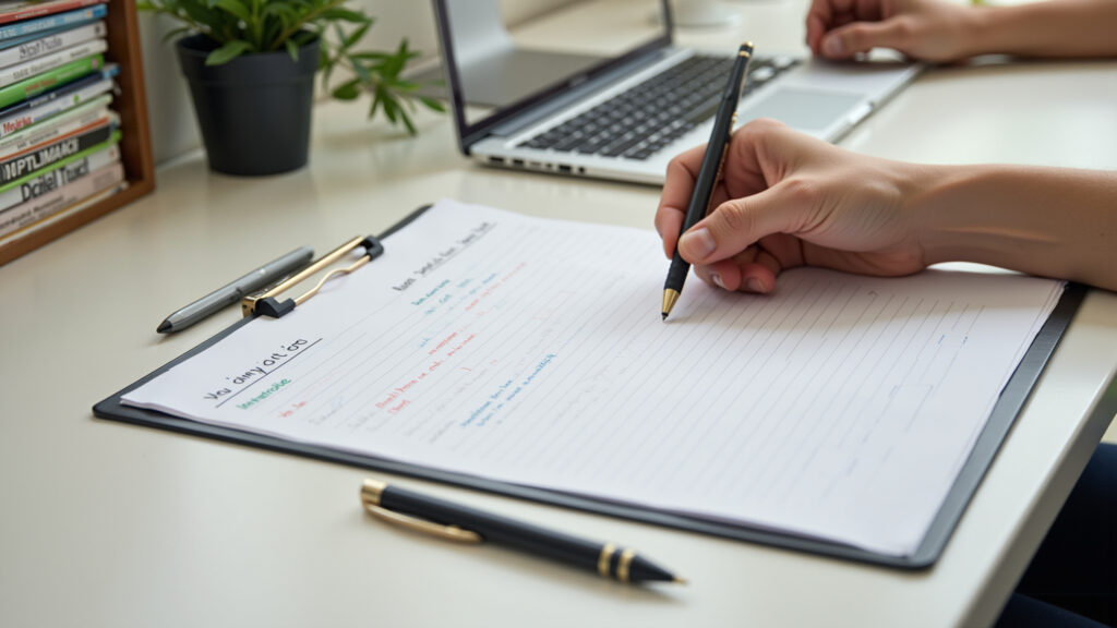 Organized desk with labeled folders, clean surface, and a clear to-do list. Focus on the power of Mesa de trabalho organizada para aumentar o foco e a produtividade.