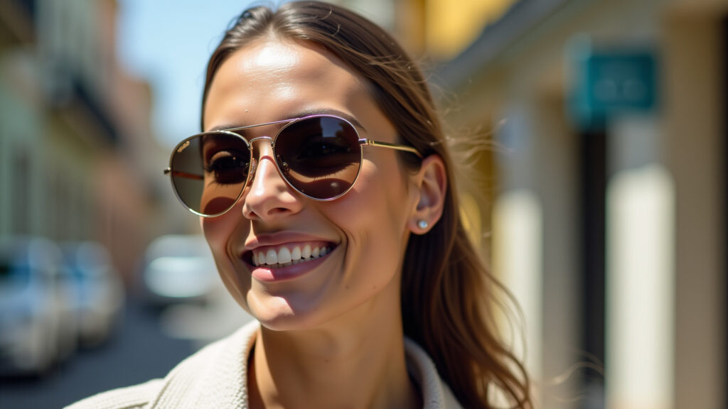 Mulher de rosto oval usando óculos de sol aviador.