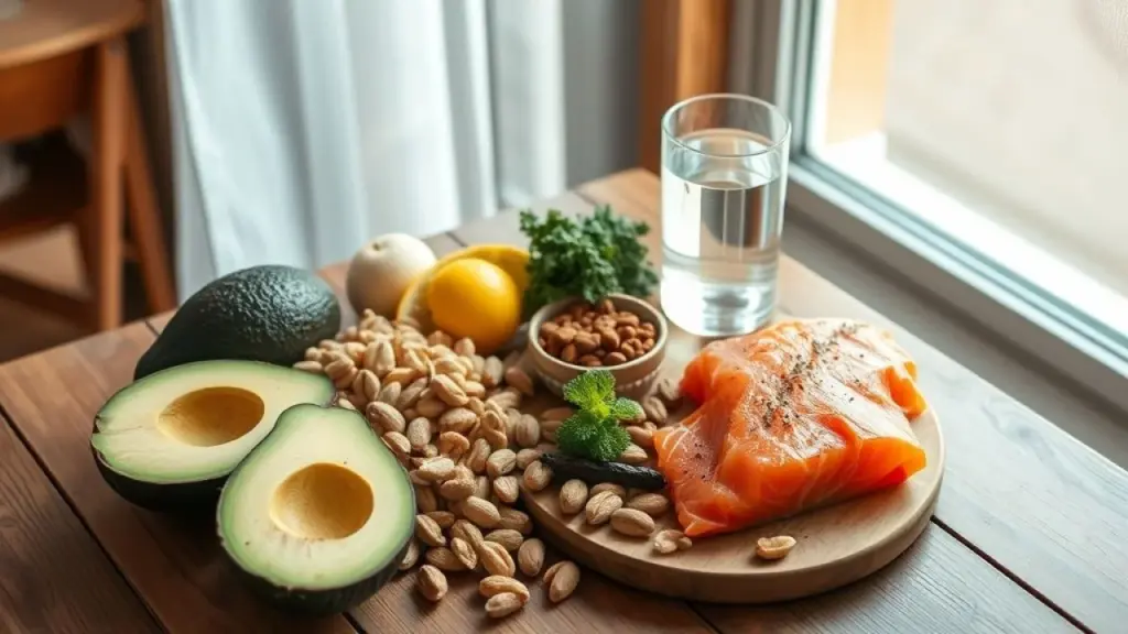 Alimentos saudáveis ricos em ômega 3 e nutrientes para hidratação do couro cabeludo.