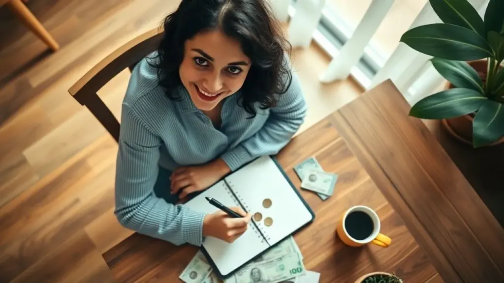 Mulher organiza finanças em mesa com contas e café. Tranquilidade financeira.