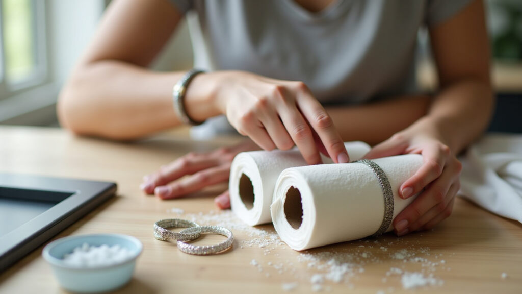 Rolos de papel toalha organizando pulseiras.