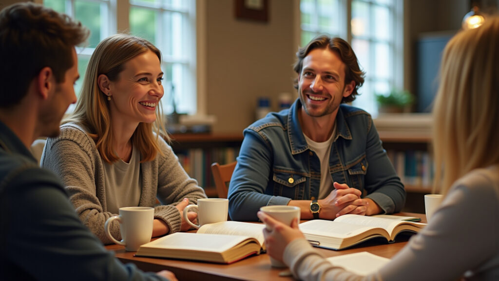 People discussing books in a book club, coffee cups, relaxed atmosphere, lifestyle photography, 8K Clube de leitura online.