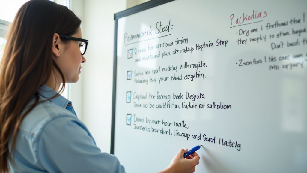 Person breaking down a large task into smaller, manageable steps on a whiteboard. Focus on task Quebrando tarefas grandes em pequenas para evitar a procrastinação.